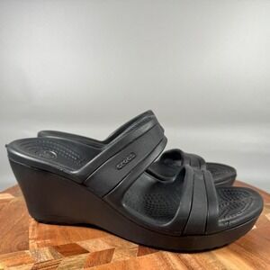 Crocs Rhonda Black Dual Strap Wedge Sandals Womens Size 7 Slip On Platform Shoes